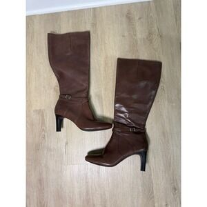 Ralph Lauren Dk Brown Burnished Calf Leather Becca Heels Wide Calf Boots 8.5